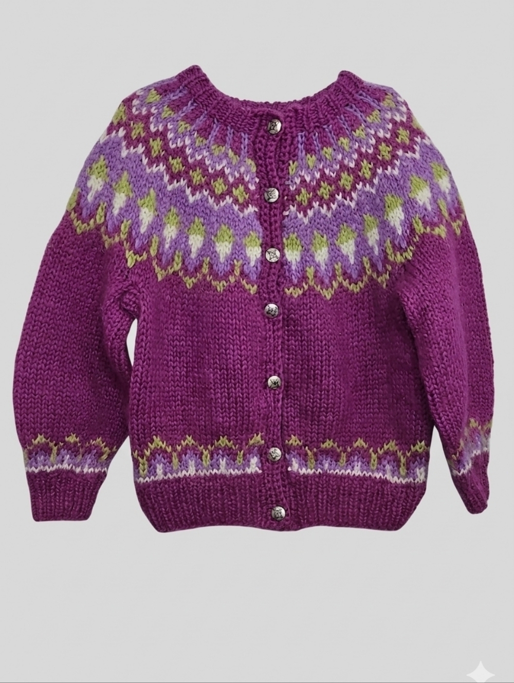 Vintage Handmade Handknit Dark Pink/Fuchsia Fair Isle Wool Cardigan Sweater